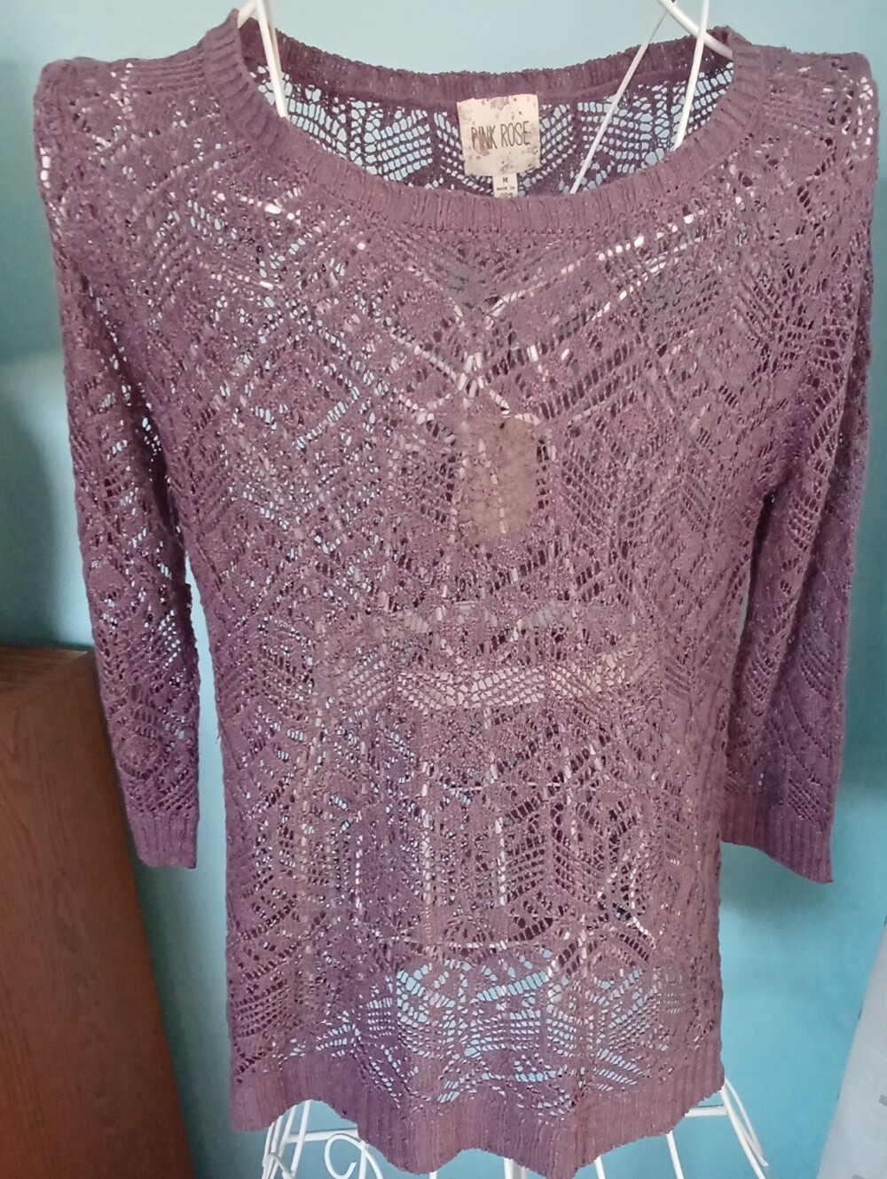 NWT Pink Rose Lightweight Open Weave Lilac Sweater with 3/4 Sleeves